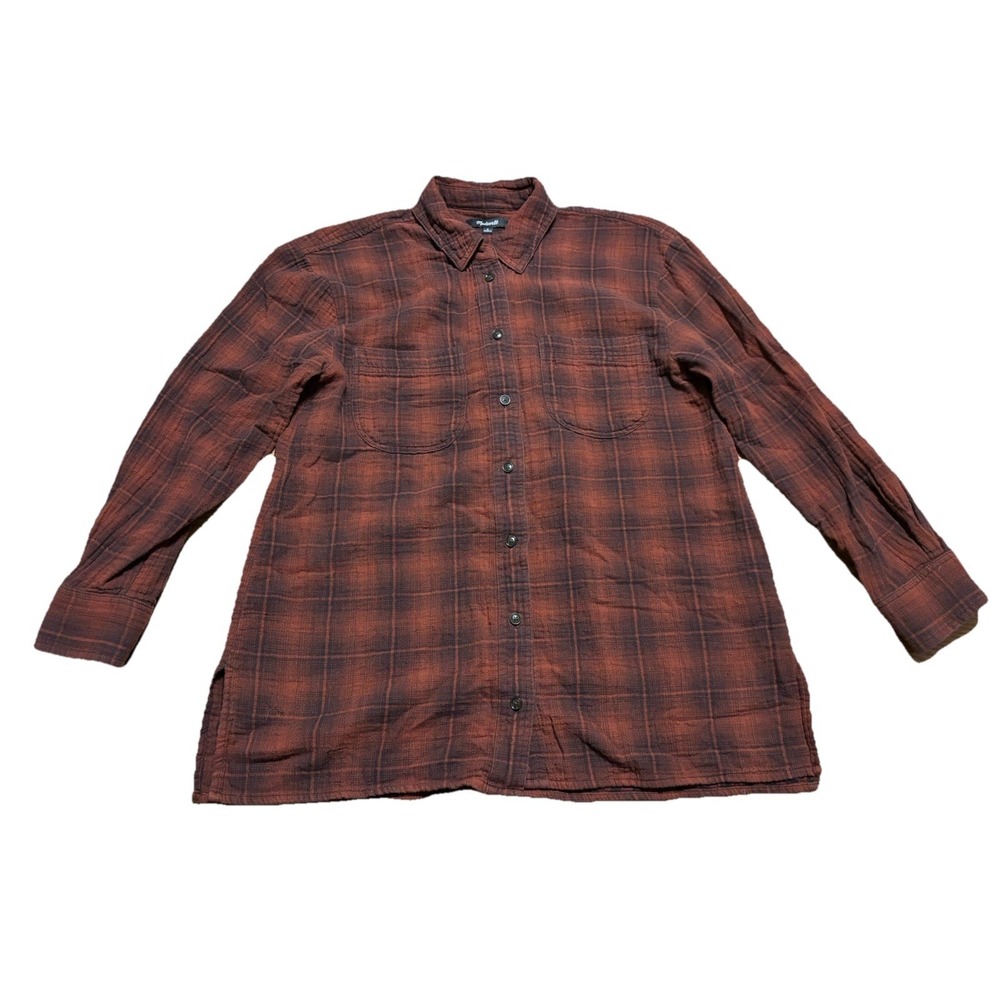 Madewell Women's Soft Orange Black Plaid Button Down Tunic 100% Cotton, Small